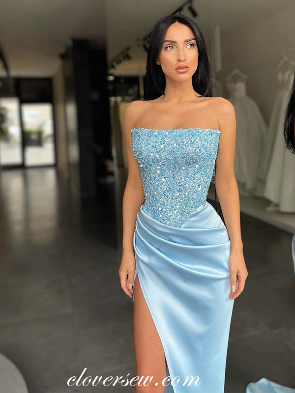 Pale Blue Sequined Top Satin With High Slit Sheath Prom Dresses, CP0938
