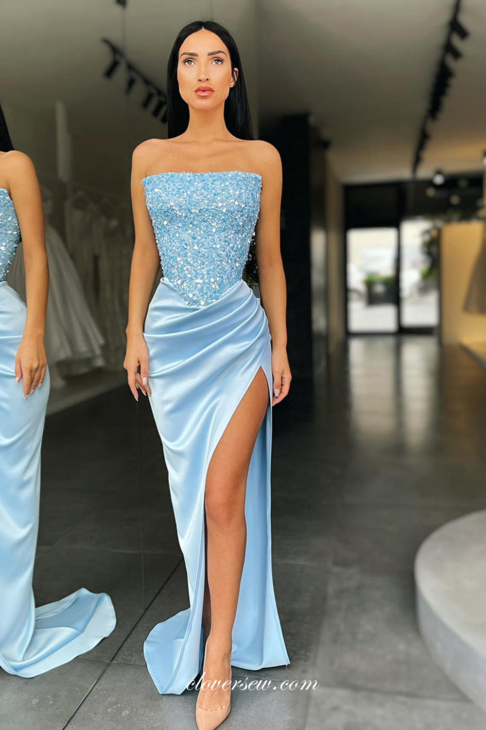 Pale Blue Sequined Top Satin With High Slit Sheath Prom Dresses, CP0938