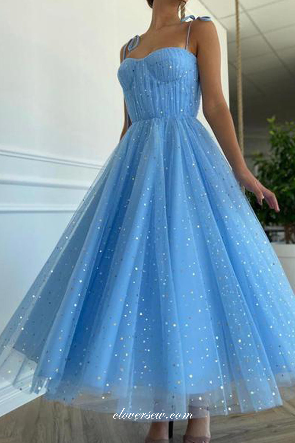 Pale Blue Sequined Tulle Pleating A-line French Prom Dresses, CP0759