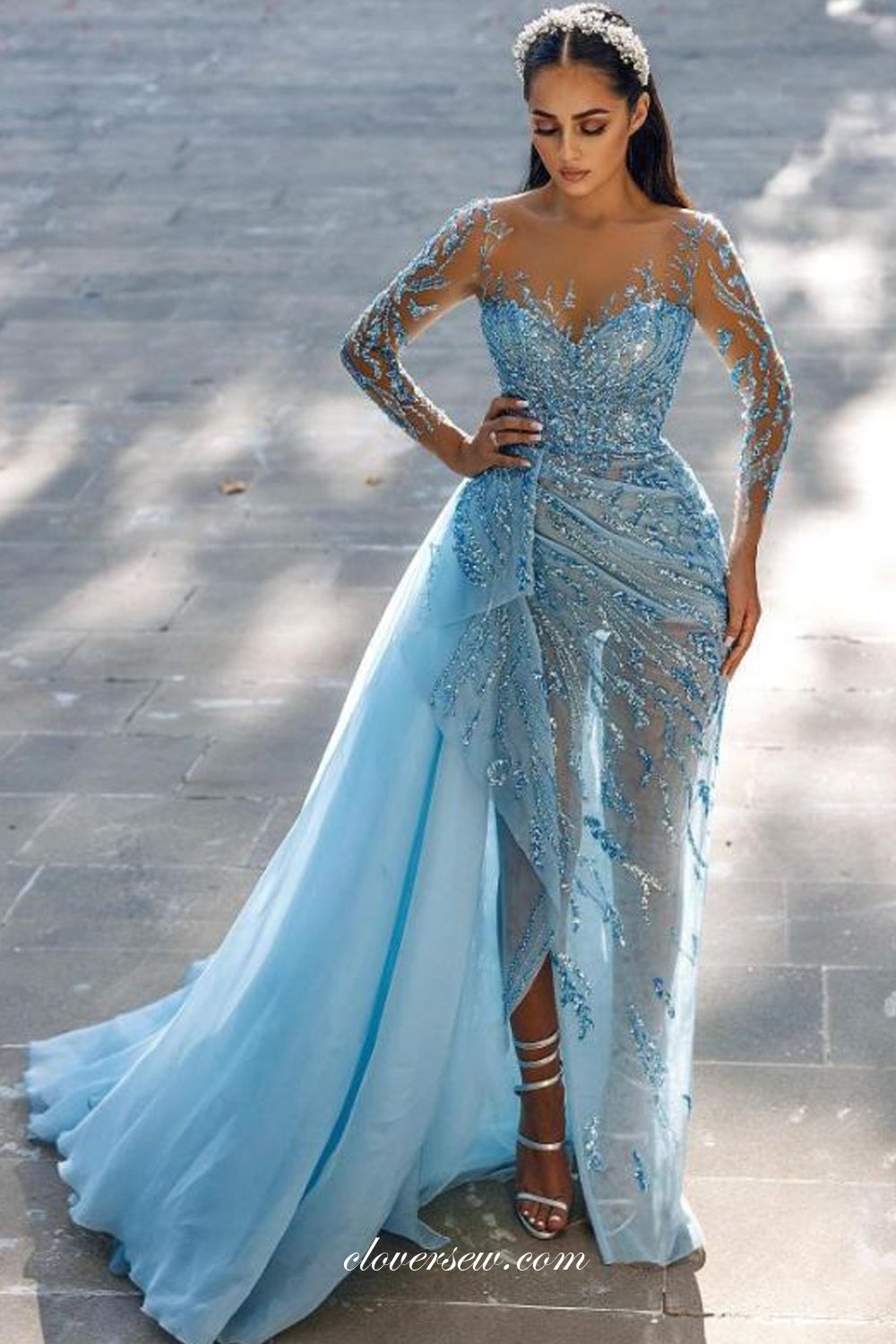Pale Blue Sequined Tulle See Through Long Sleeves Sheath With Train Formal Dresses, CP0897