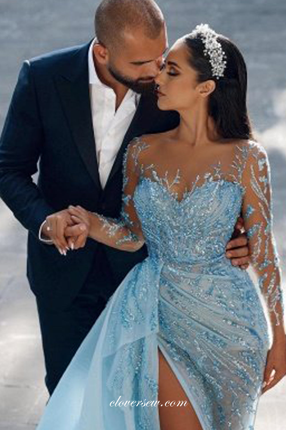 Pale Blue Sequined Tulle See Through Long Sleeves Sheath With Train Formal Dresses, CP0897