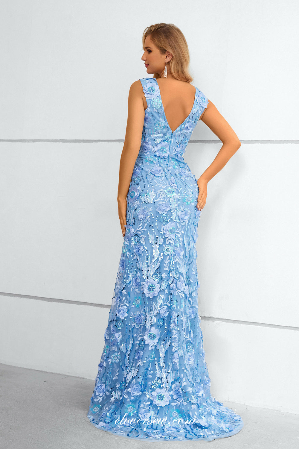 Pale Blue Stunning Lace Sleeveless V-neck Mermaid Elegant Prom Dresses, CP0911