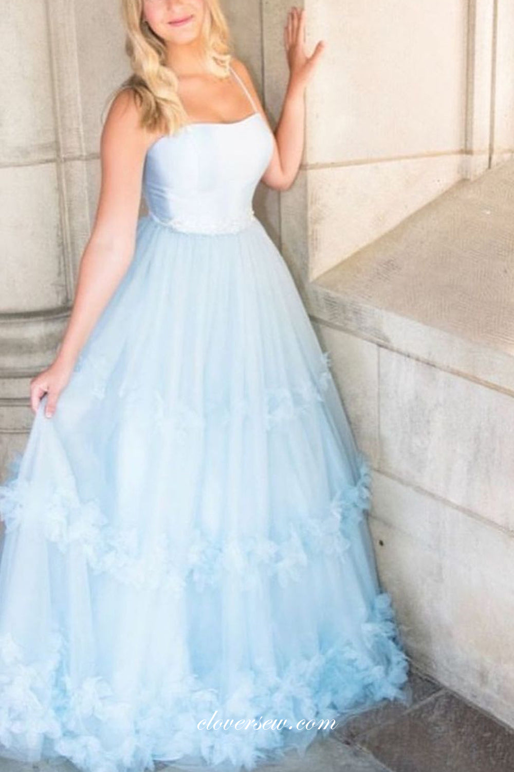 Pale Blue Tulle Applique A-line Popular Prom Dresses For Teens, CP0838