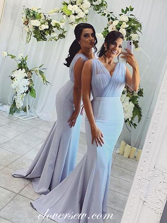 Pale Blue V-neck Sleeveless Elegant Mermaid Bridesmaid Dresses,CB0152