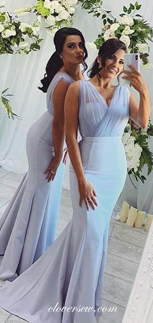 Pale Blue V-neck Sleeveless Elegant Mermaid Bridesmaid Dresses,CB0152