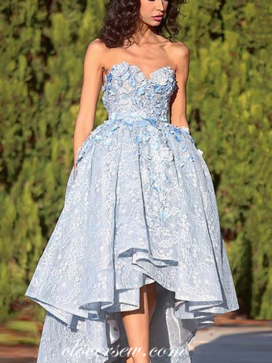 Pale Blue 3D Applique Sweetheart Strapless High Low Prom Dresses,CP0439