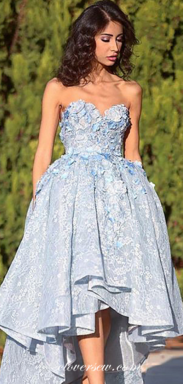 Pale Blue 3D Applique Sweetheart Strapless High Low Prom Dresses,CP0439