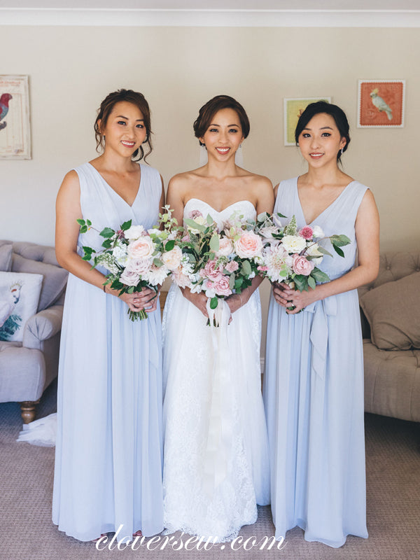 Pale Blue Chiffon V-neck Sleeveless A-line Bridesmaid Dresses , CB0070