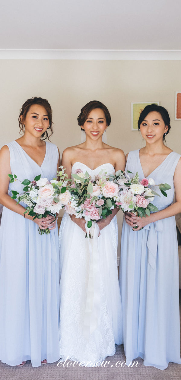 Pale Blue Chiffon V-neck Sleeveless A-line Bridesmaid Dresses , CB0070