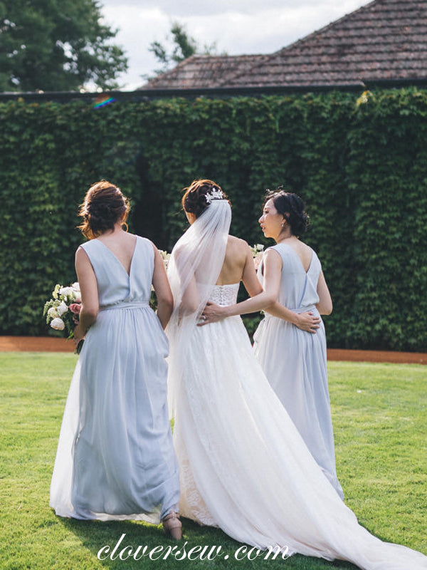 Pale Blue Chiffon V-neck Sleeveless A-line Bridesmaid Dresses , CB0070