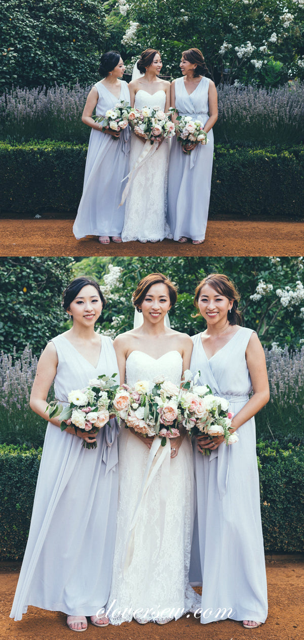 Pale Blue Chiffon V-neck Sleeveless A-line Bridesmaid Dresses , CB0070