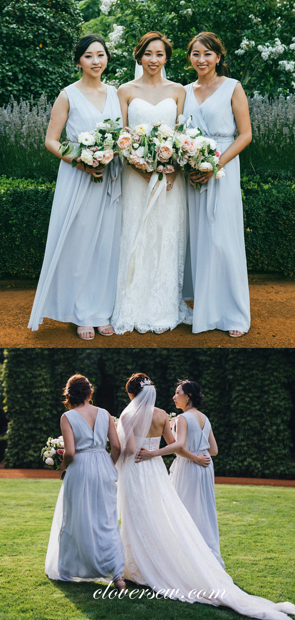 Pale Blue Chiffon V-neck Sleeveless A-line Bridesmaid Dresses , CB0070