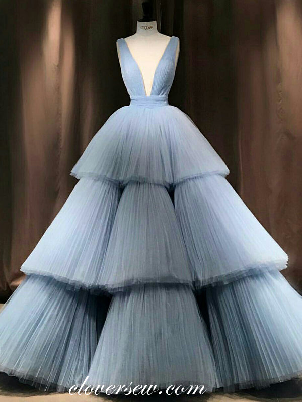 Pale Blue Pleat Tulle V-neck Tiered A-line Ball Gown Prom Dresses,CP0208
