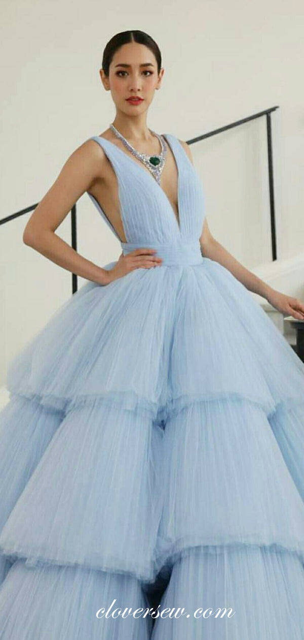 Pale Blue Pleat Tulle V-neck Tiered A-line Ball Gown Prom Dresses,CP0208