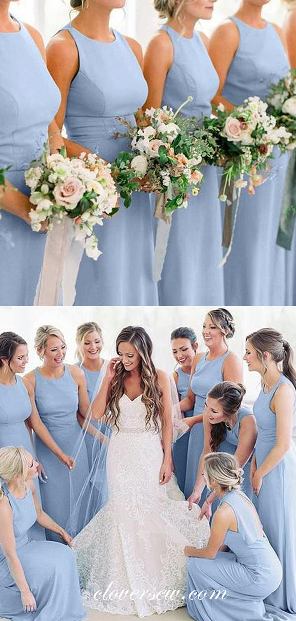 Pale Blue Round Neck Sleeveless Sheath Column Bridesmaid Dresses ,CB0109