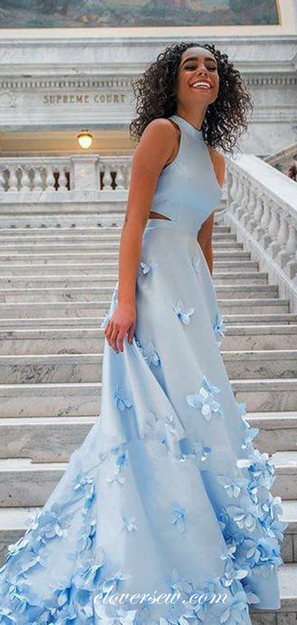 Pale Blue Satin 3D Applique A-line Prom Dresses, CP0070