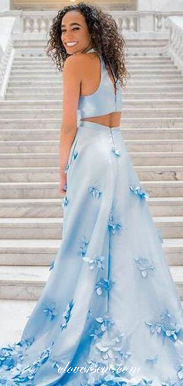 Pale Blue Satin 3D Applique A-line Prom Dresses, CP0070