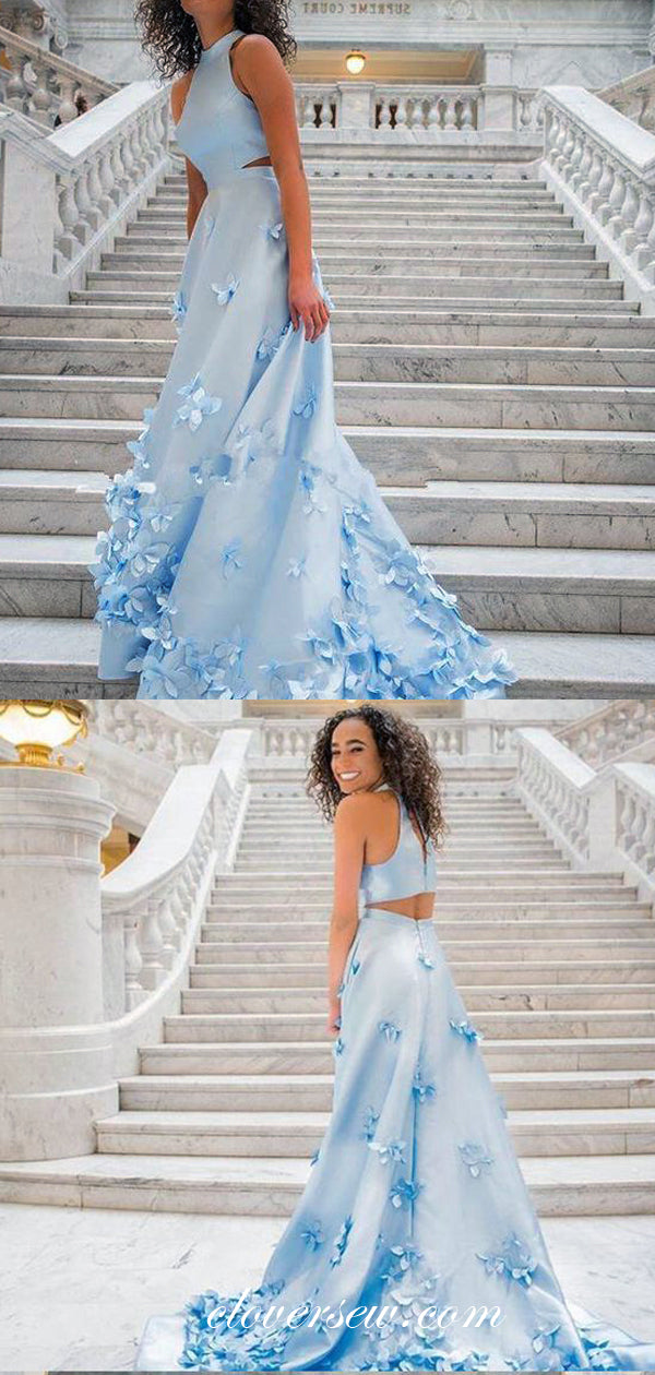 Pale Blue Satin 3D Applique A-line Prom Dresses, CP0070 US12 / Custom Color(leaving a note)