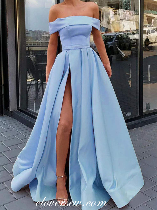 Pale Blue Satin Off The Shoulder Side Slit Prom Dresses,CP0383