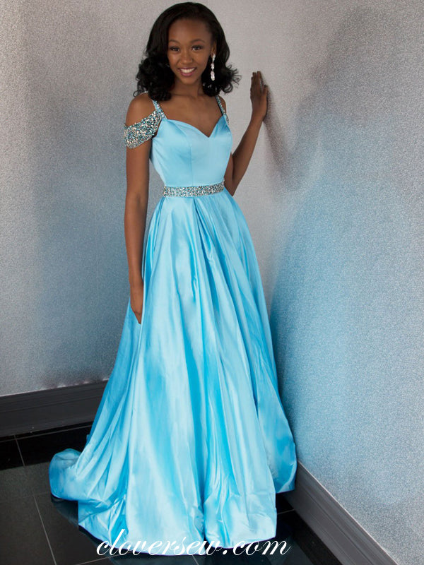 Pale Blue Satin Rhinestone Strap Belt A-line Prom Dresses, CP0054