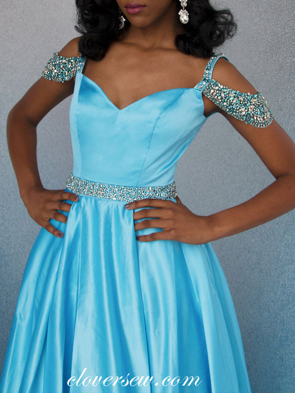 Pale Blue Satin Rhinestone Strap Belt A-line Prom Dresses, CP0054
