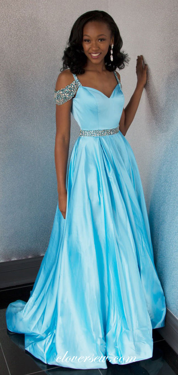 Pale Blue Satin Rhinestone Strap Belt A-line Prom Dresses, CP0054