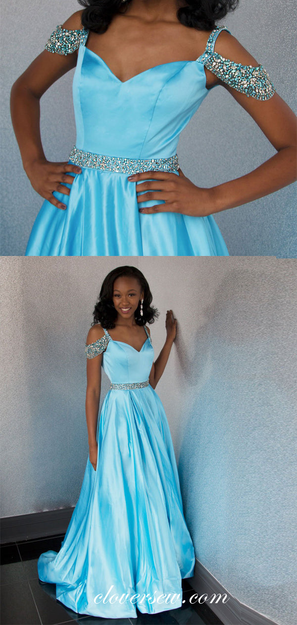 Pale Blue Satin Rhinestone Strap Belt A-line Prom Dresses, CP0054