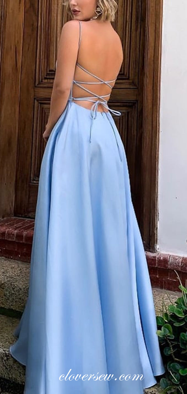 Pale Blue Satin Spaghetti Strap A-line Lace Up Back Prom Dresses,CP0255