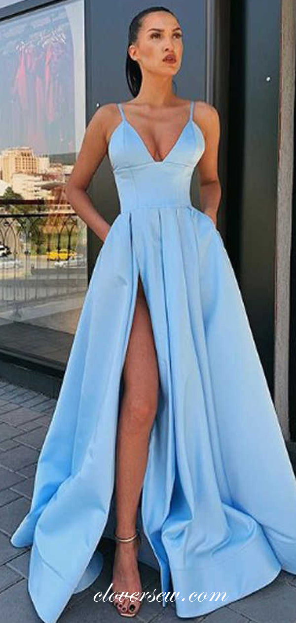 Pale Blue Satin Spaghetti Strap Side Slit Prom Dresses,CP0333 clover sew Pale Blue Satin Spaghetti Strap Side Slit Prom Dresses,CP0333 clover sew