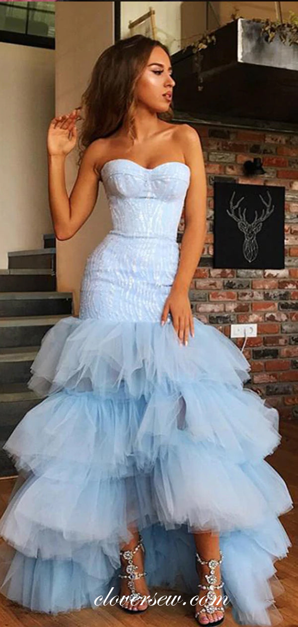 Pale Blue Tulle Applique Satin Strapless Ruffles Mermaid Prom Dresses,CP0227
