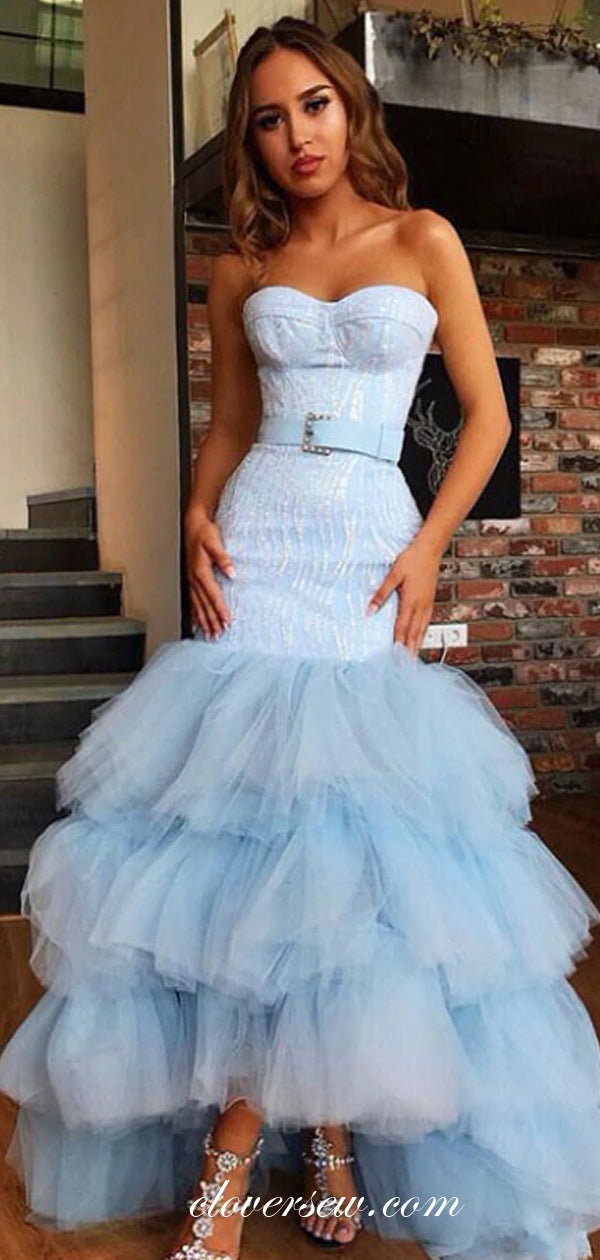 Pale Blue Tulle Applique Satin Strapless Ruffles Mermaid Prom Dresses, clover sew Pale Blue Tulle Applique Satin Strapless Ruffles Mermaid Prom Dresses, clover sew