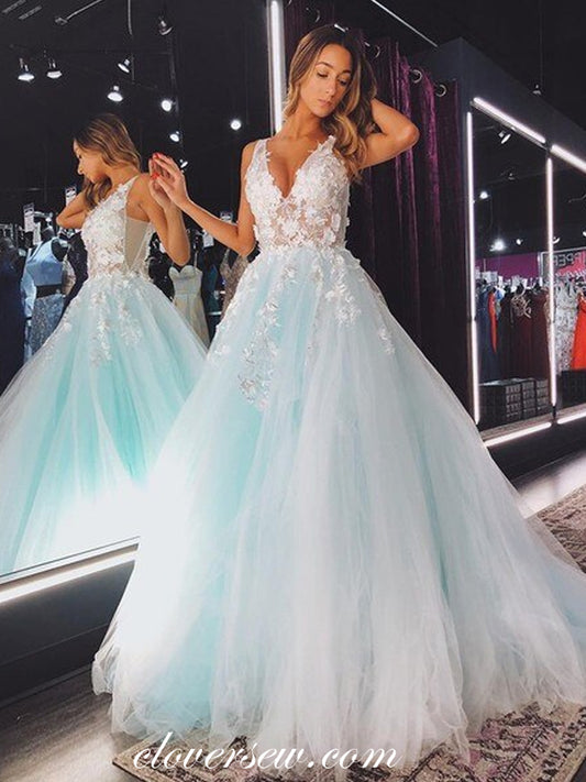 Pale Blue Tulle Applique V-back A-line Prom Dresses,CP0434