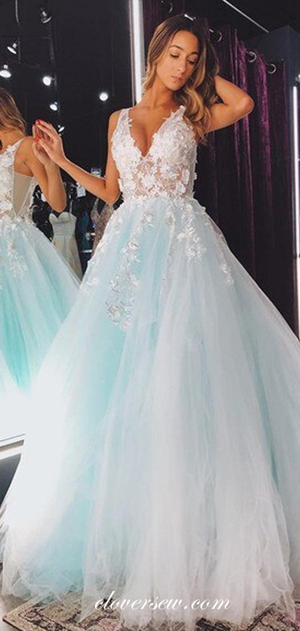 Pale Blue Tulle Applique V-back A-line Prom Dresses,CP0434