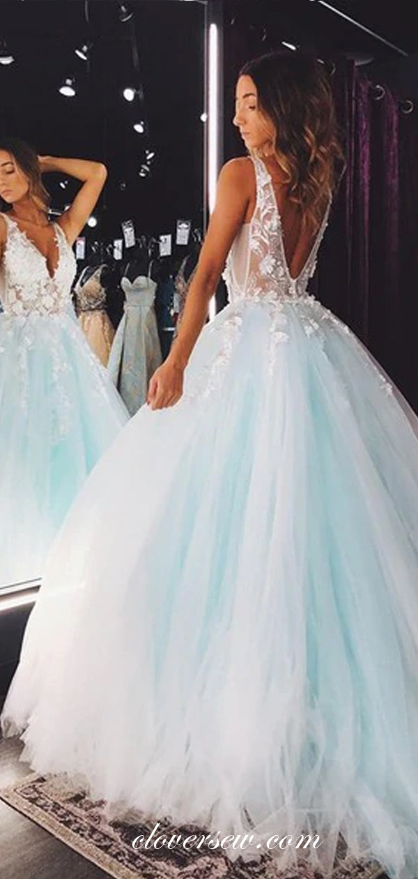 Pale Blue Tulle Applique V-back A-line Prom Dresses,CP0434