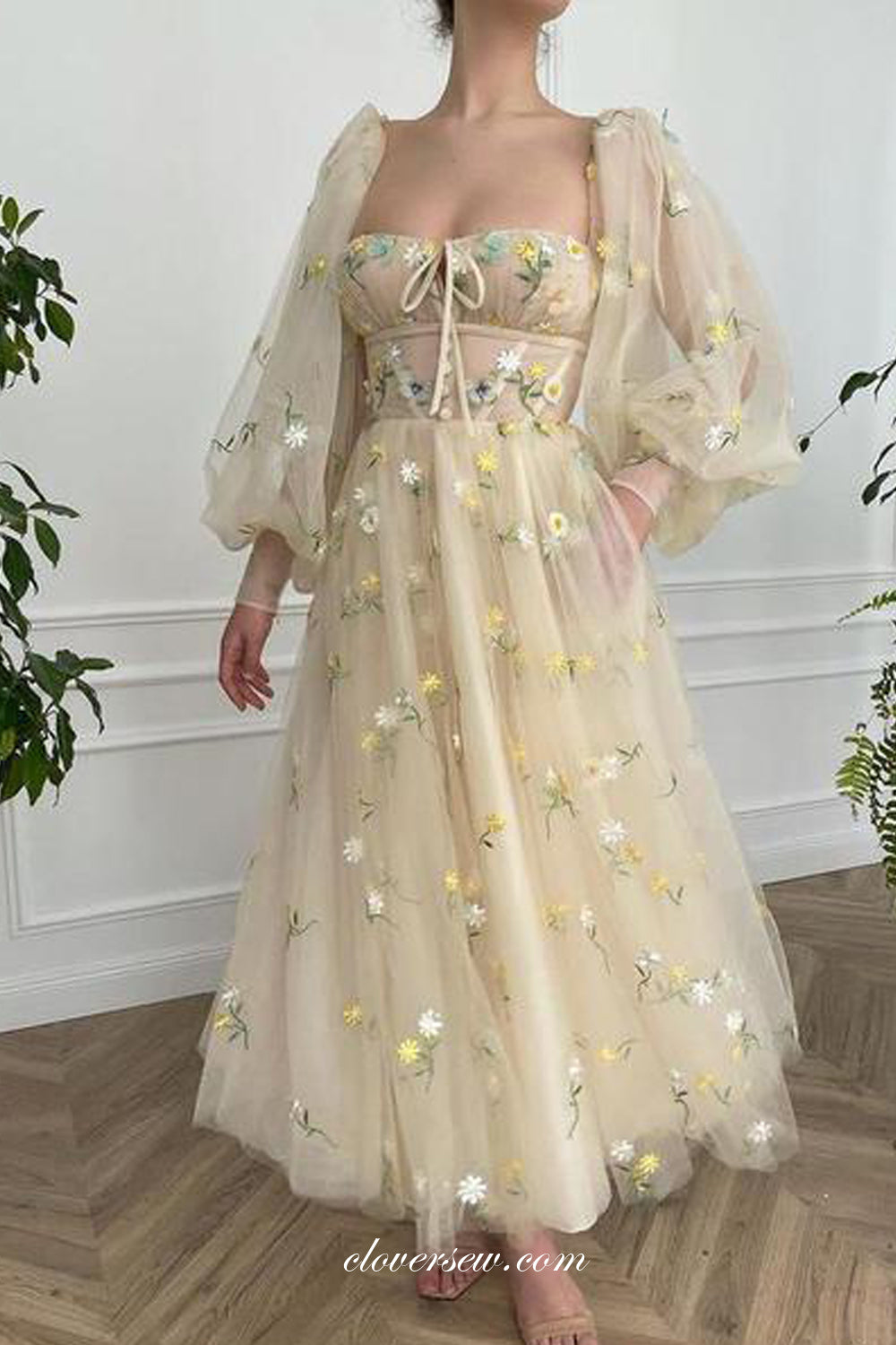 Pastel Yellow Embroidery Tulle Long Lantern Sleeves Prom Dresses, CP0799