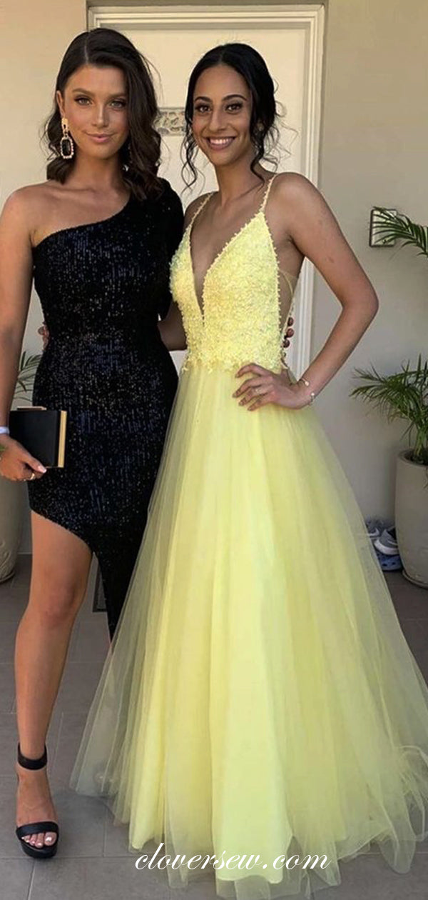 Pastel Yellow Lace Bead Tulle V-neck A-line Prom Dresses For Teens, CP0577
