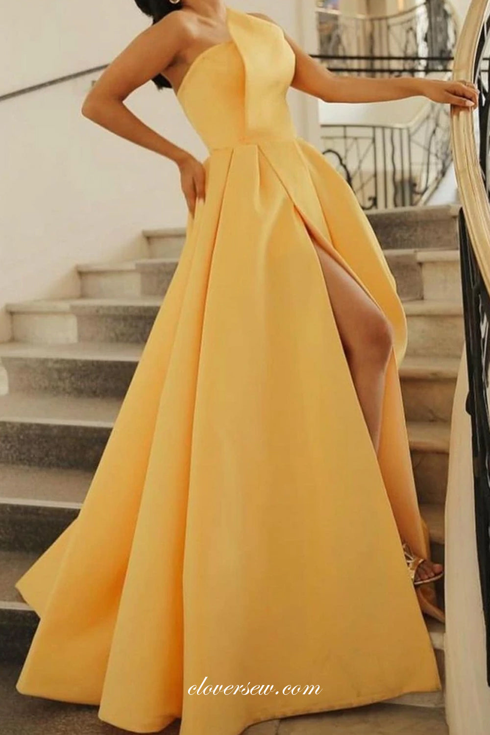 Pastel Yellow Satin Strapless Slit Prom Dresses, CP0756