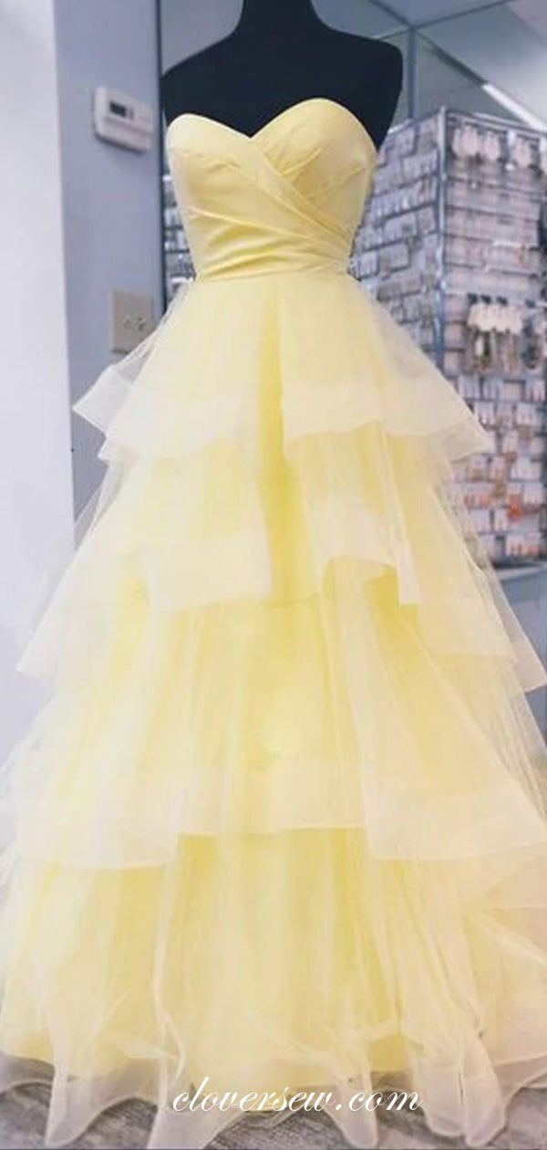 Pastel Yellow Sweetheart Strapless Tiered A-line Prom Dresses, CP0571