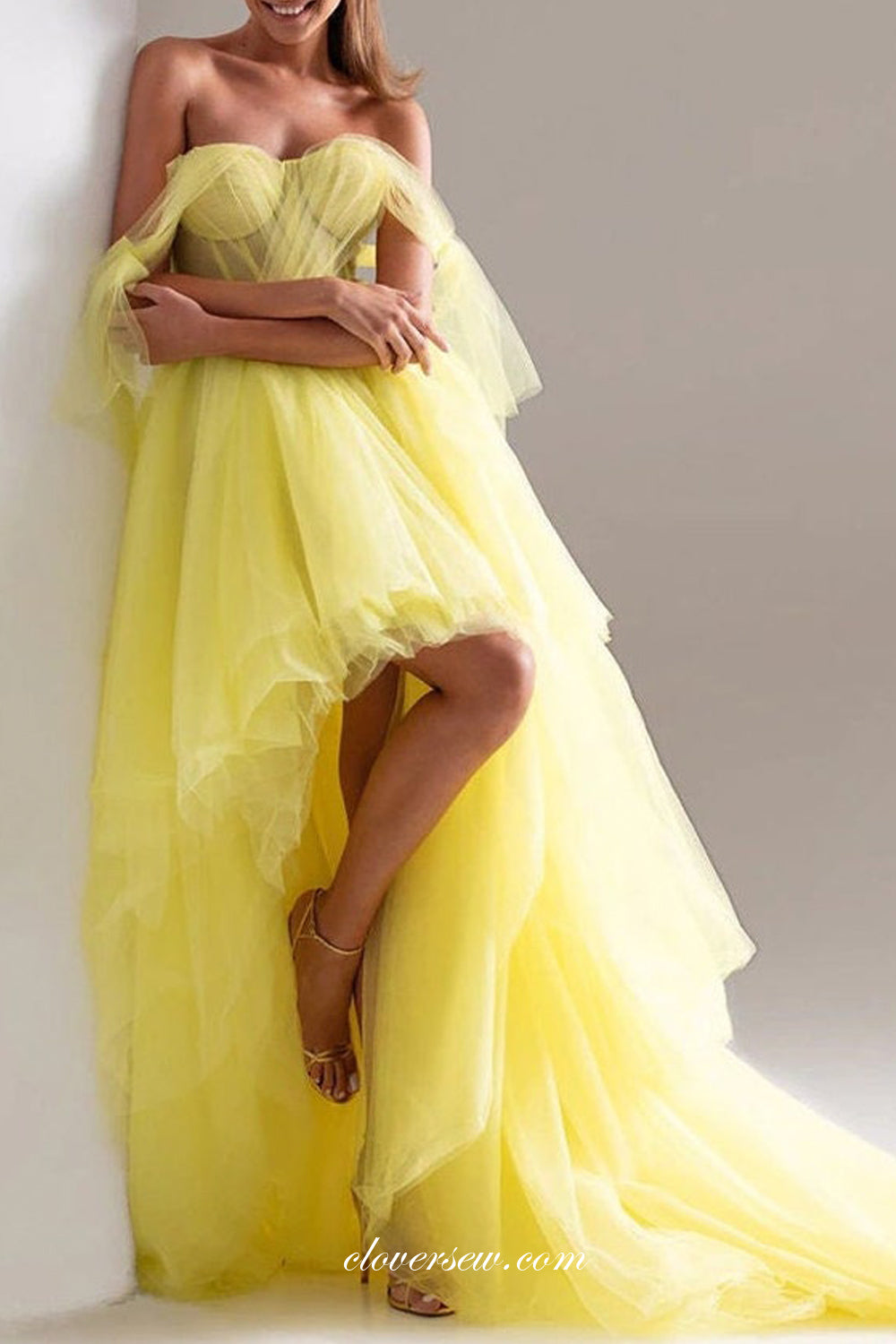 Pastel Yellow Tulle Sweetheart Convertible Straps High Low Prom Dresse