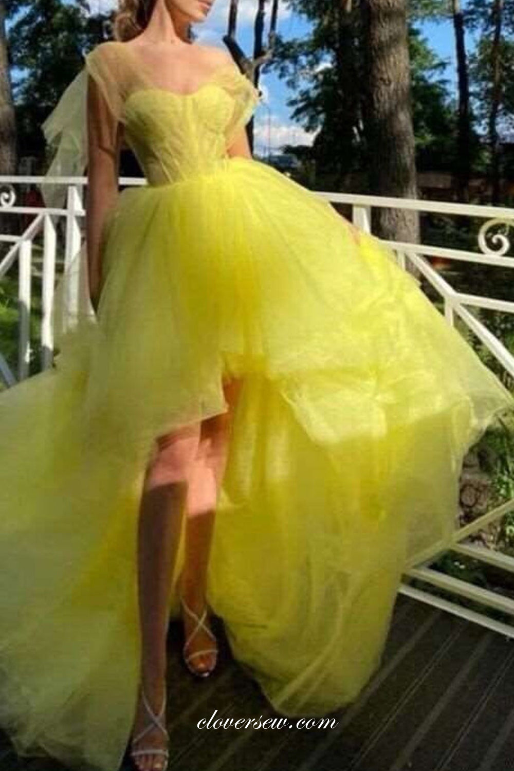 Pastel Yellow Tulle Sweetheart Convertible Straps High Low Prom Dressea, CP0990