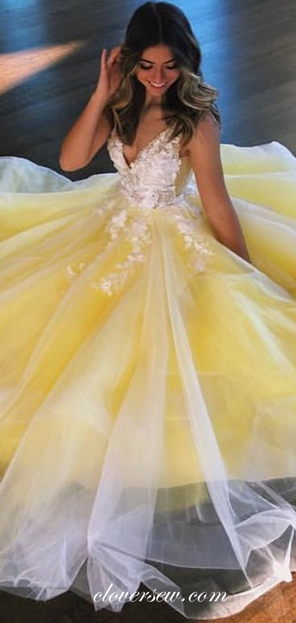 Pastel Yellow Tulle White Applique A-line Prom Dresses For Teens, CP0527