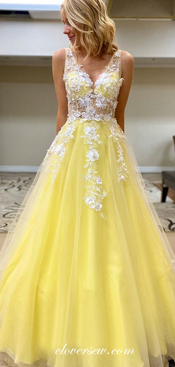 Pastel Yellow Tulle White Applique A-line Prom Dresses For Teens, CP05 clover sew Pastel Yellow Tulle White Applique A-line Prom Dresses For Teens, CP05 clover sew
