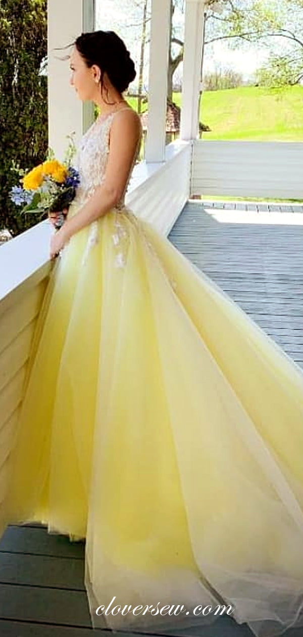 Pastel Yellow Tulle White Applique A-line Prom Dresses For Teens, CP0527