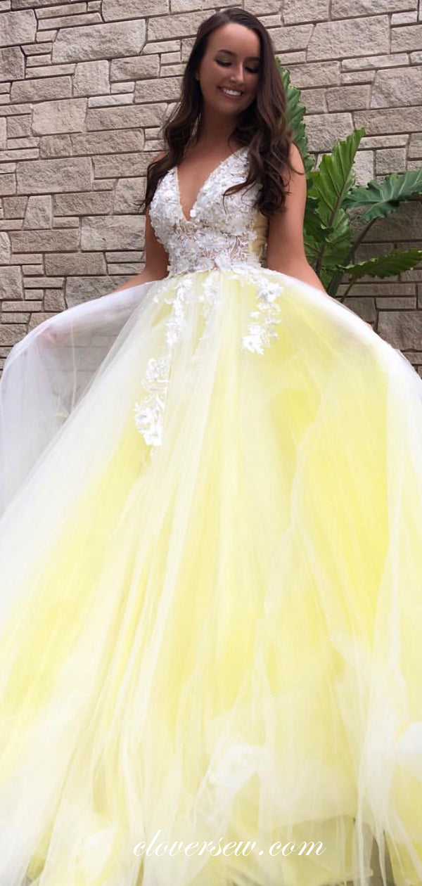 white dress with yellow Pastel Yellow Tulle White Applique A-line Prom Dresses For Teens, CP0527 US2 / As Pic