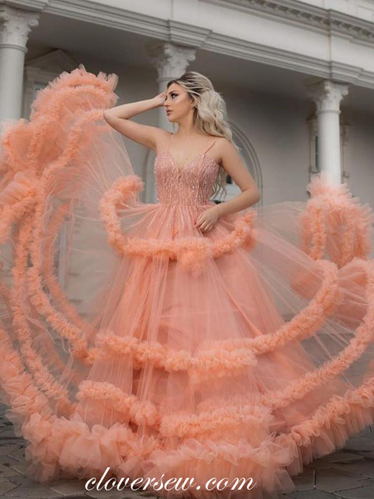 Pastel Orange Tulle Bead Ruffles Tiered A-line Prom Dresses, CP0123