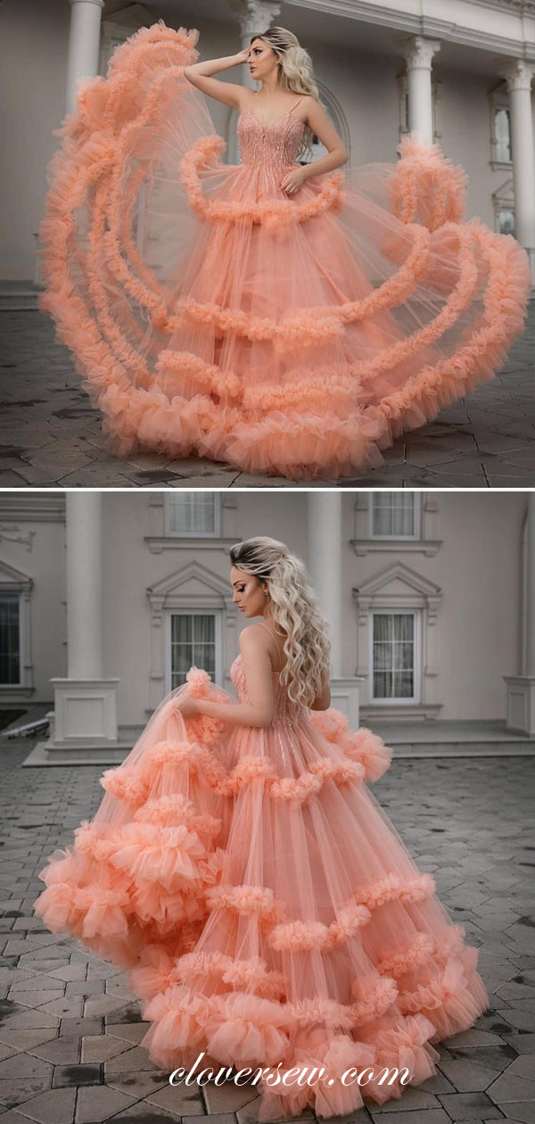 Pastel Orange Tulle Bead Ruffles Tiered A-line Prom Dresses, CP0123