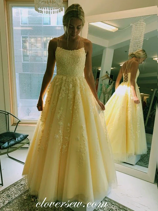 Pastel Yellow Lace Applique Spaghetti Strap Lace Up Back Prom Dresses,CP0246