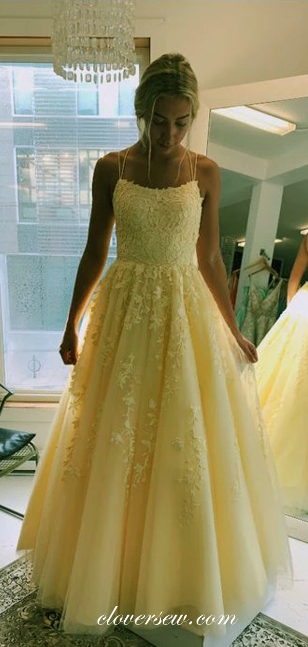 Pastel Yellow Lace Applique Spaghetti Strap Lace Up Back Prom Dresses, clover sew Pastel Yellow Lace Applique Spaghetti Strap Lace Up Back Prom Dresses, clover sew