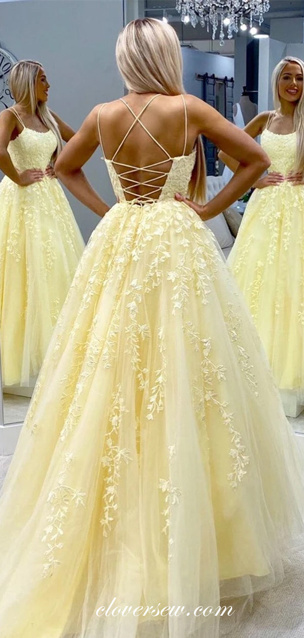 Pastel Yellow Lace Applique Spaghetti Strap Lace Up Back Prom Dresses, clover sew Pastel Yellow Lace Applique Spaghetti Strap Lace Up Back Prom Dresses, clover sew