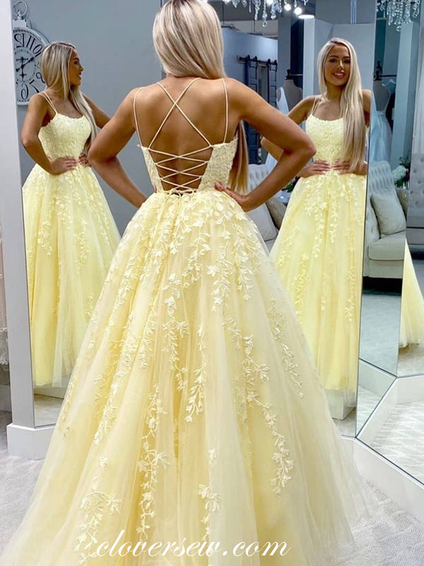 Pastel Yellow Lace Applique Spaghetti Strap Lace Up Back Prom Dresses,CP0246 Pastel Yellow Lace Applique Spaghetti Strap Lace Up Back Prom Dresses,CP0246